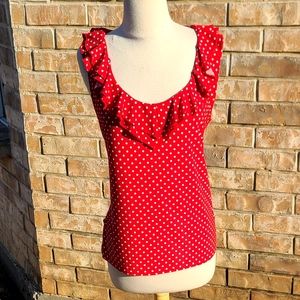 Chaps ruffle red polka dot top